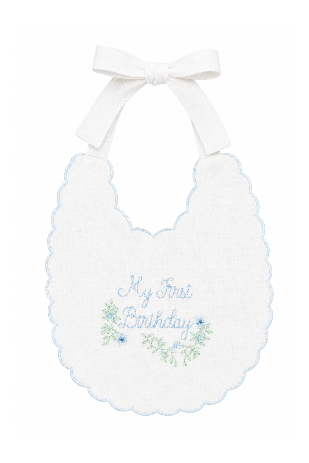 Blue Southern Floral linen first birthday bib with soft blue floral embroidery