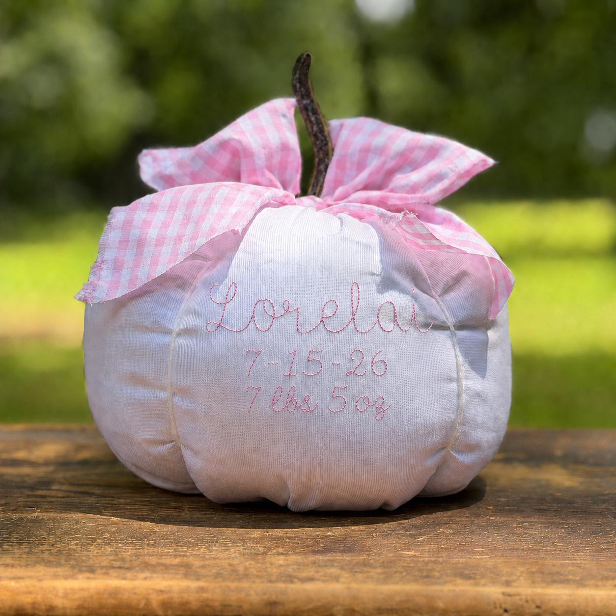 Personalized Baby First Pumpkin, Pink Gingham Nursery Decor, Custom Newborn Keepsake