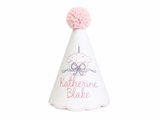 Vintage Cupcake personalized linen first birthday party hat with vintage-inspired cupcake embroidery