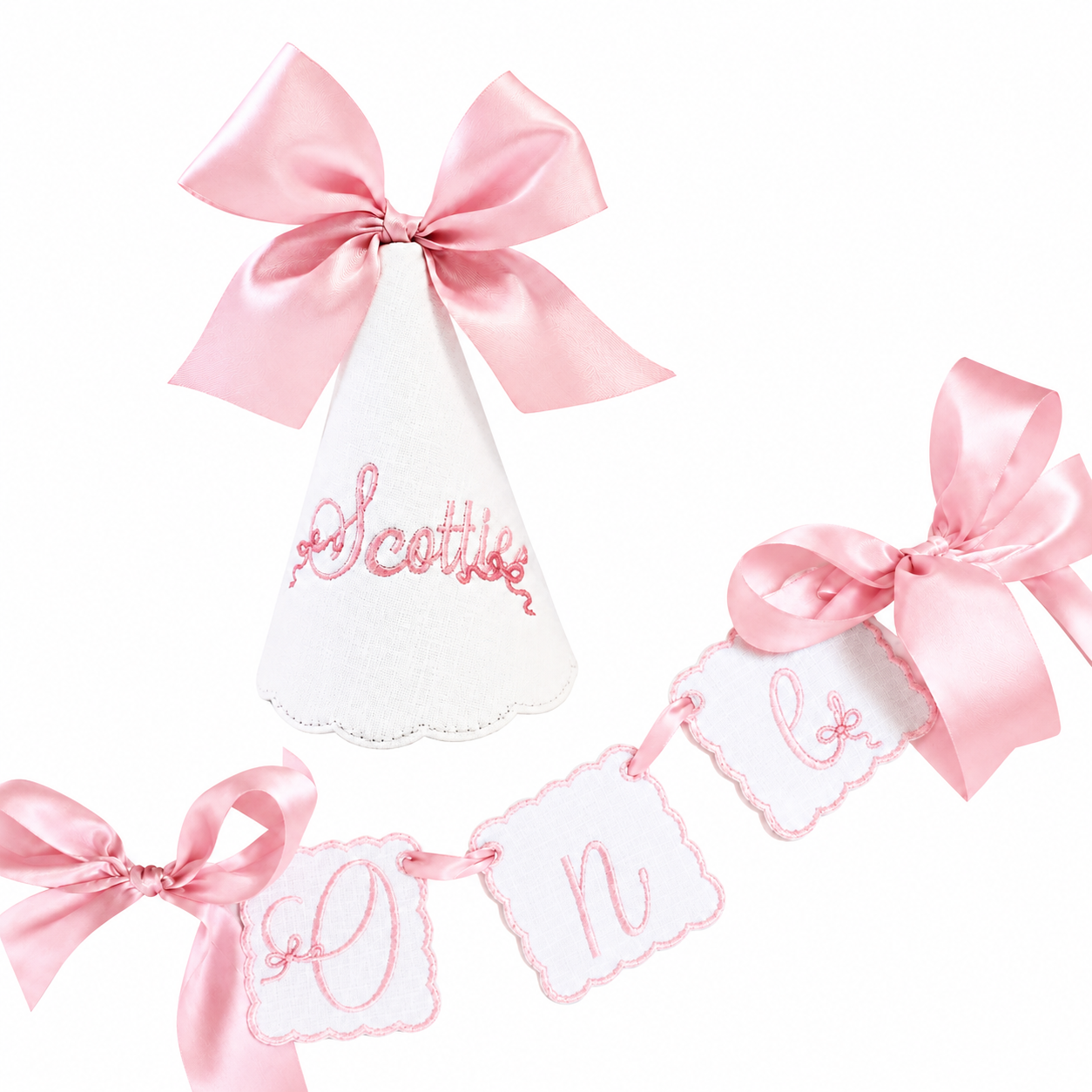 Bella Bow personalized linen first birthday party hat and coordinating ONE high chair banner set