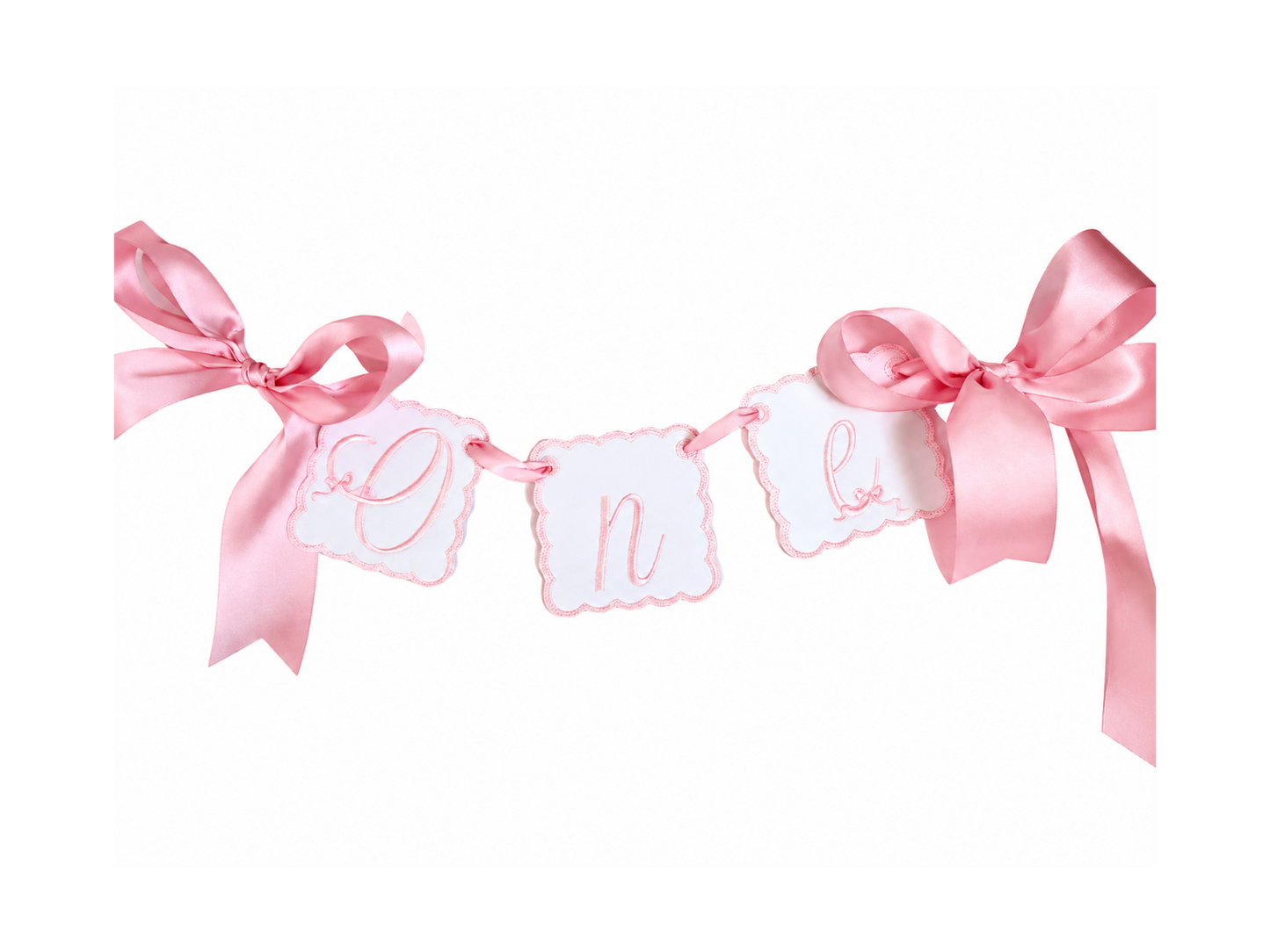 Bella Bow linen ONE first birthday high chair banner with pink bow embroidery