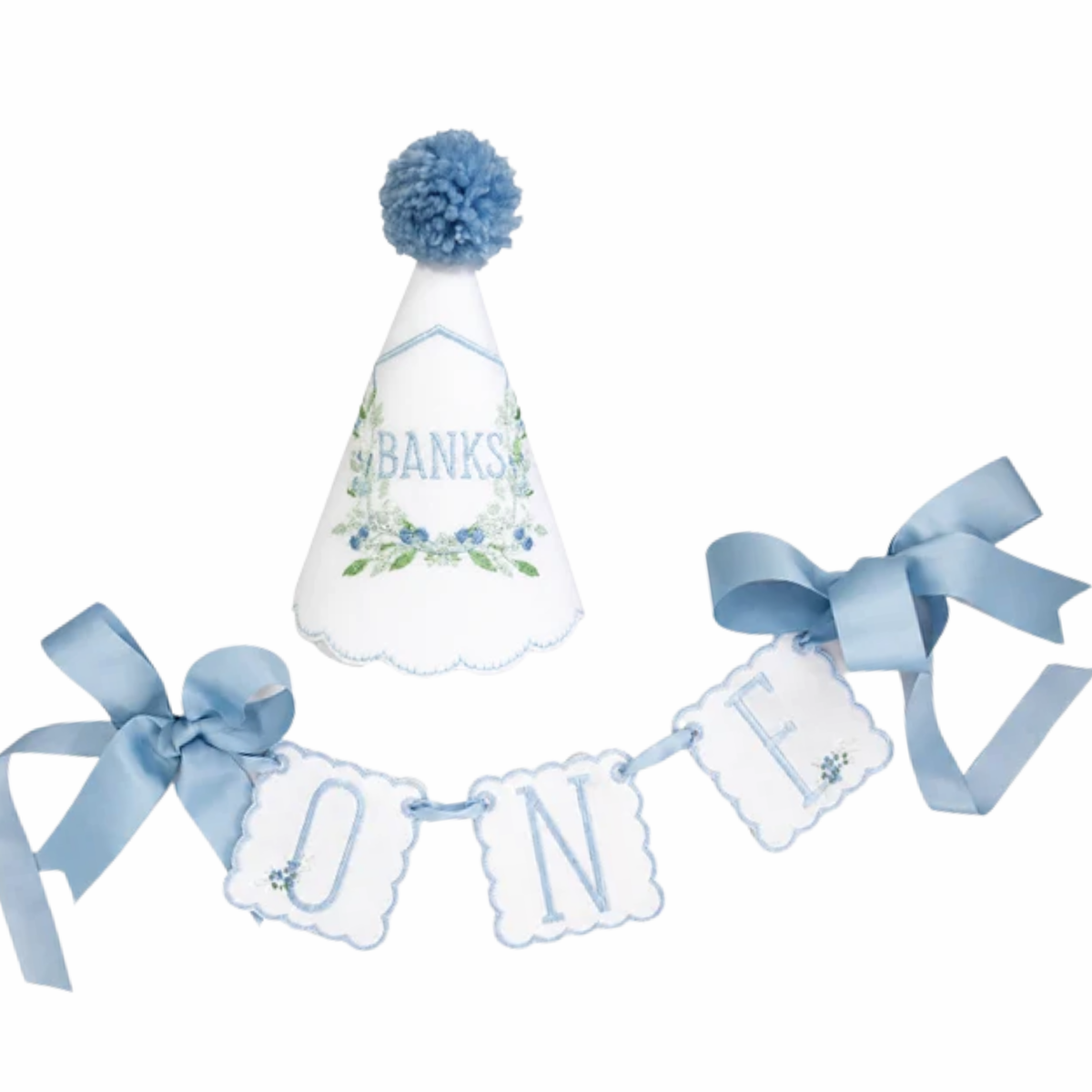 Berry Crest monogram linen first birthday party hat and coordinating ONE high chair banner set