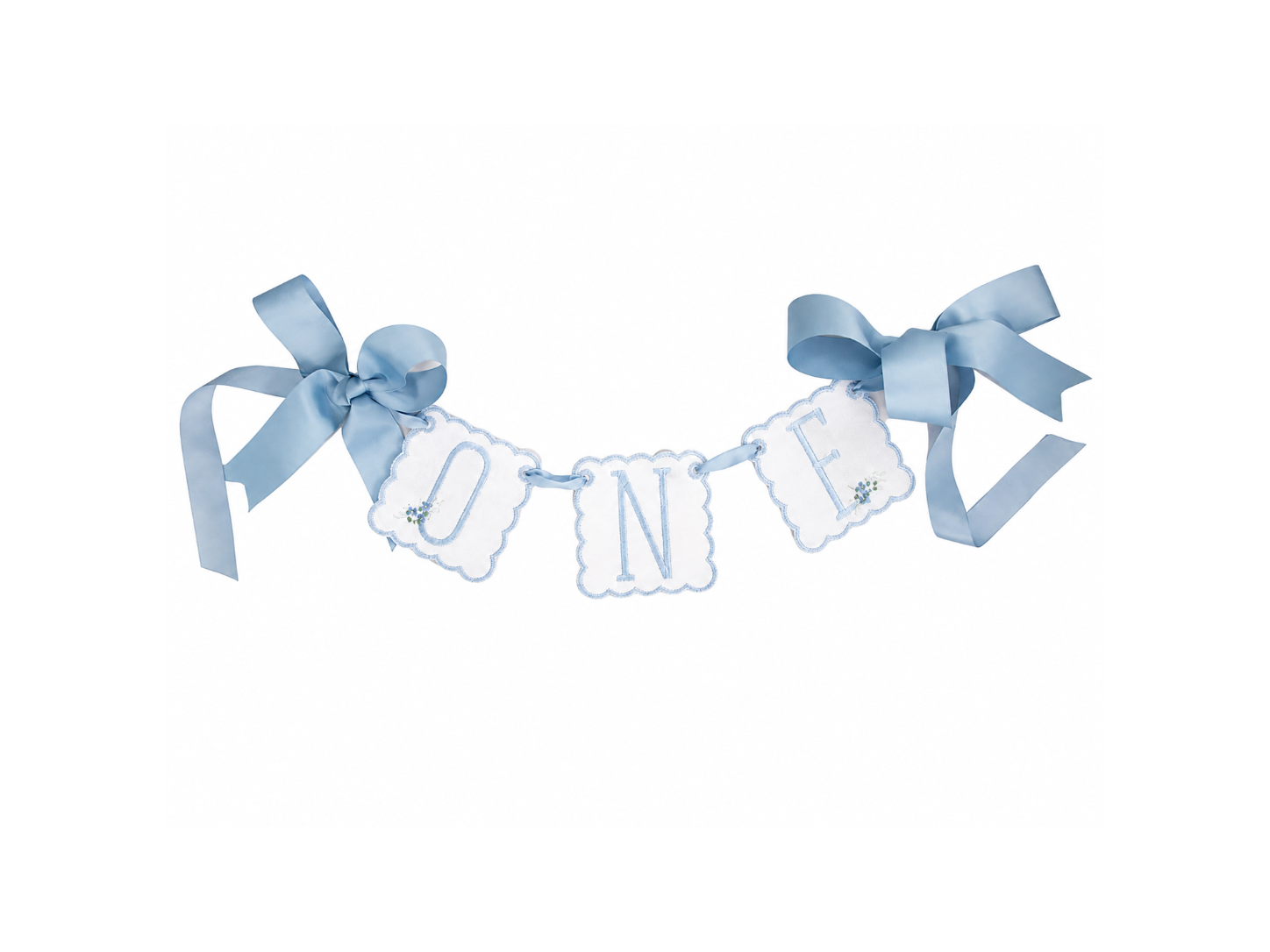 Berry Crest linen ONE first birthday high chair banner with blue crest embroidery