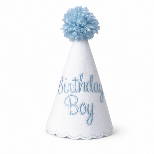 Birthday Boy linen first birthday party hat with blue embroidery and blue pom pom