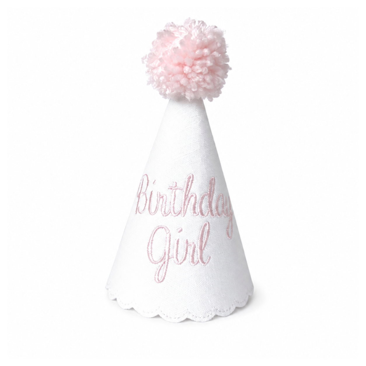 Birthday Girl linen first birthday party hat with pink embroidery and pink pom pom