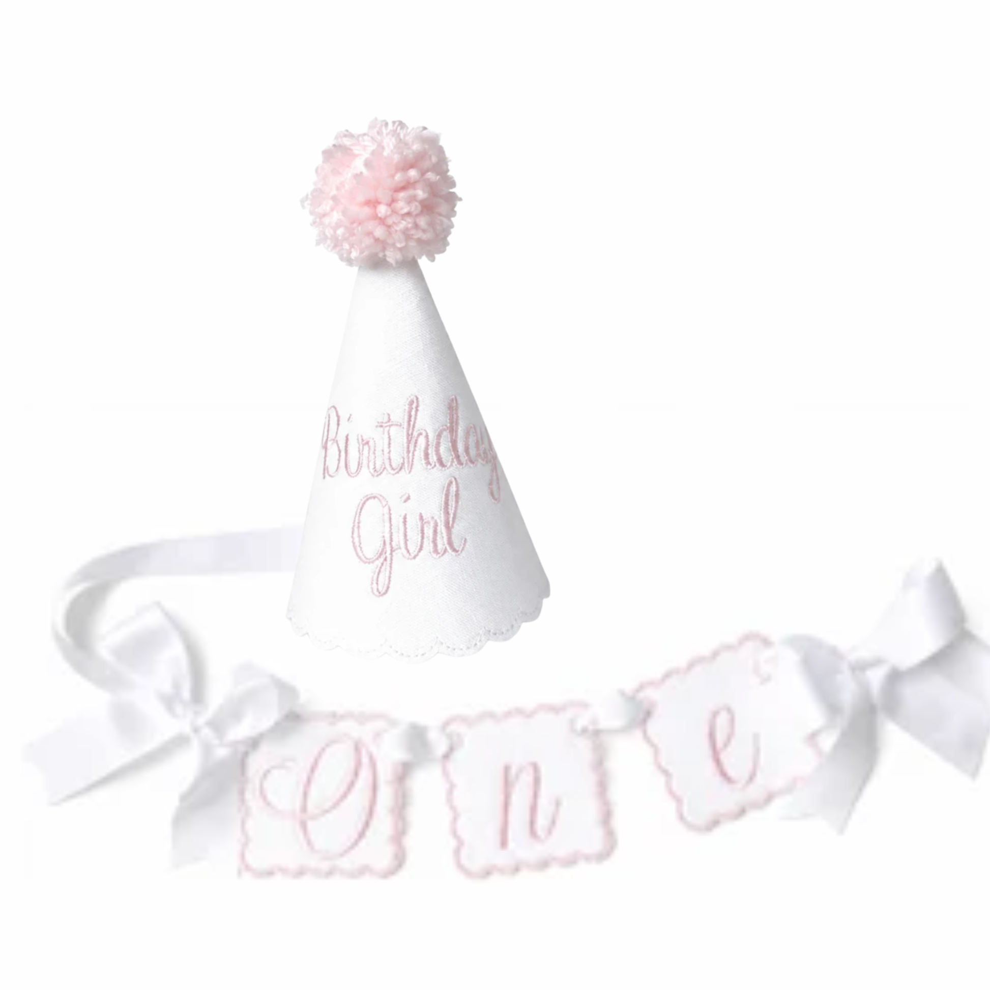 Birthday Girl linen first birthday party hat and coordinating blush pink ONE high chair banner set