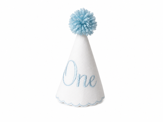 Bliss Blue linen first birthday party hat with blue embroidered ONE and blue pom pom