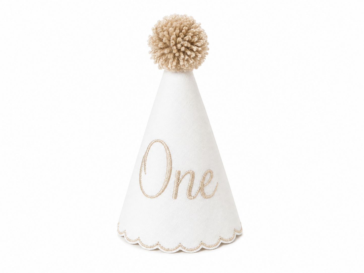 White linen first birthday party hat with taupe embroidered One, taupe scalloped edging, and taupe pom topper