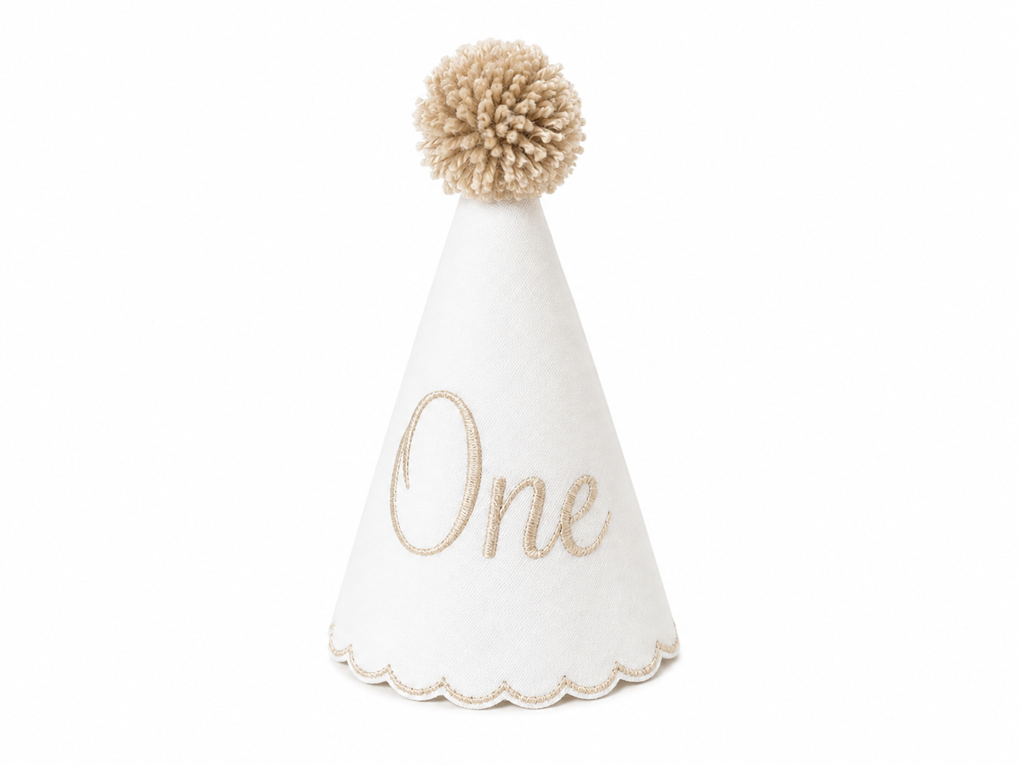 White linen first birthday party hat with taupe embroidered One, taupe scalloped edging, and taupe pom topper