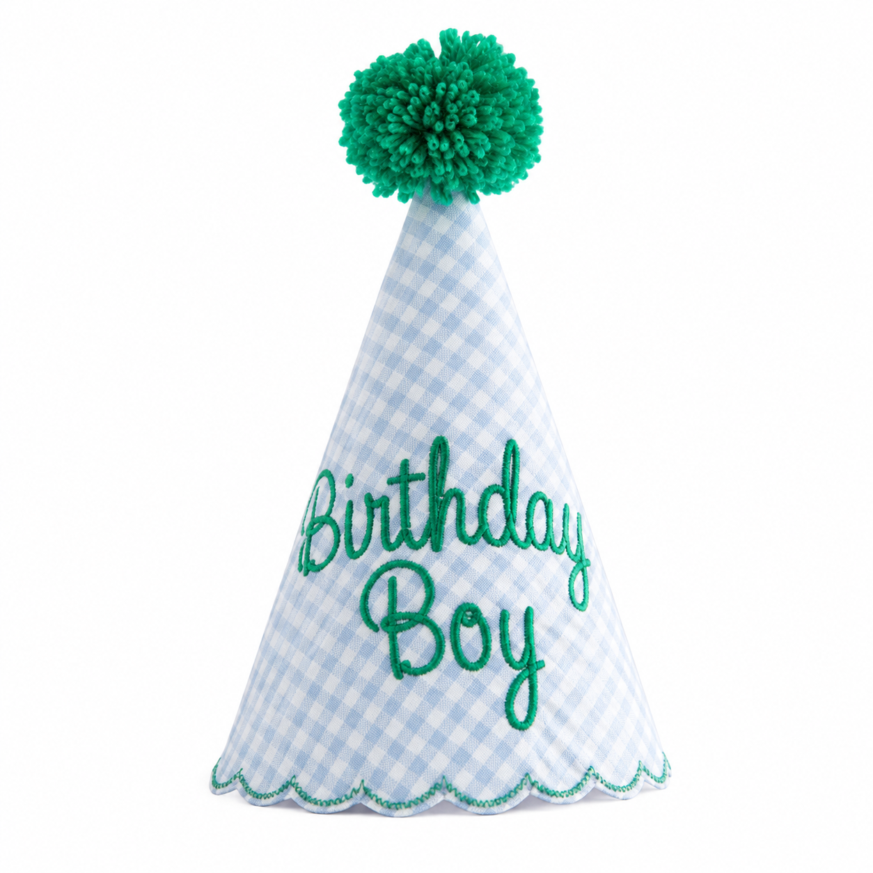 Blue gingham Birthday Boy party hat with Kelly green embroidery and pom
