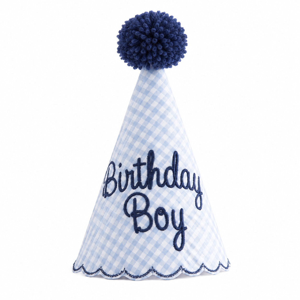 Blue gingham Birthday Boy party hat with navy embroidery and pom