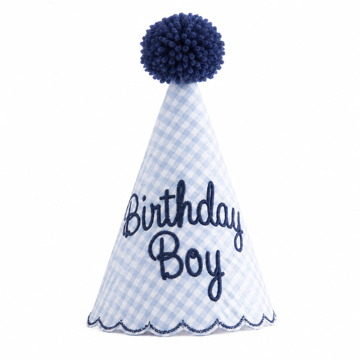 Blue gingham Birthday Boy party hat with navy embroidery and pom