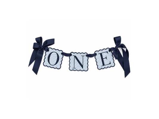 Blue gingham ONE high-chair banner with navy embroidery and grosgrain ribbon
