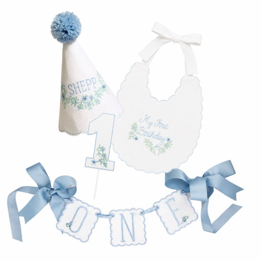 Blue Southern Floral complete 4-piece first birthday set with personalized hat, bib, ONE banner and cake topper