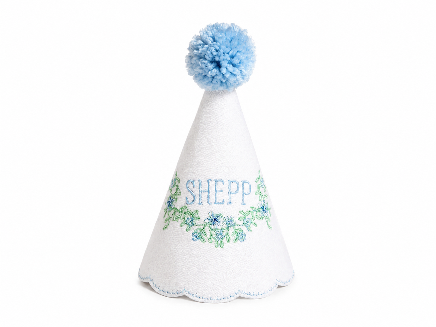 Blue Southern Floral personalized linen first birthday party hat with blue floral embroidery and blue pom pom