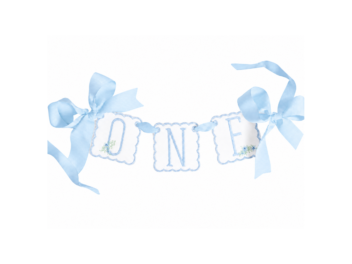 Blue Southern Floral linen ONE first birthday high chair banner with soft blue floral embroidery
