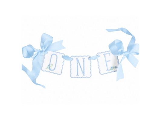 Blue Southern Floral linen ONE first birthday high chair banner with soft blue floral embroidery