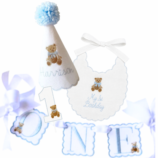 Blue Teddy Bear complete 4-piece first birthday set with personalized hat, bib, ONE banner and cake topper