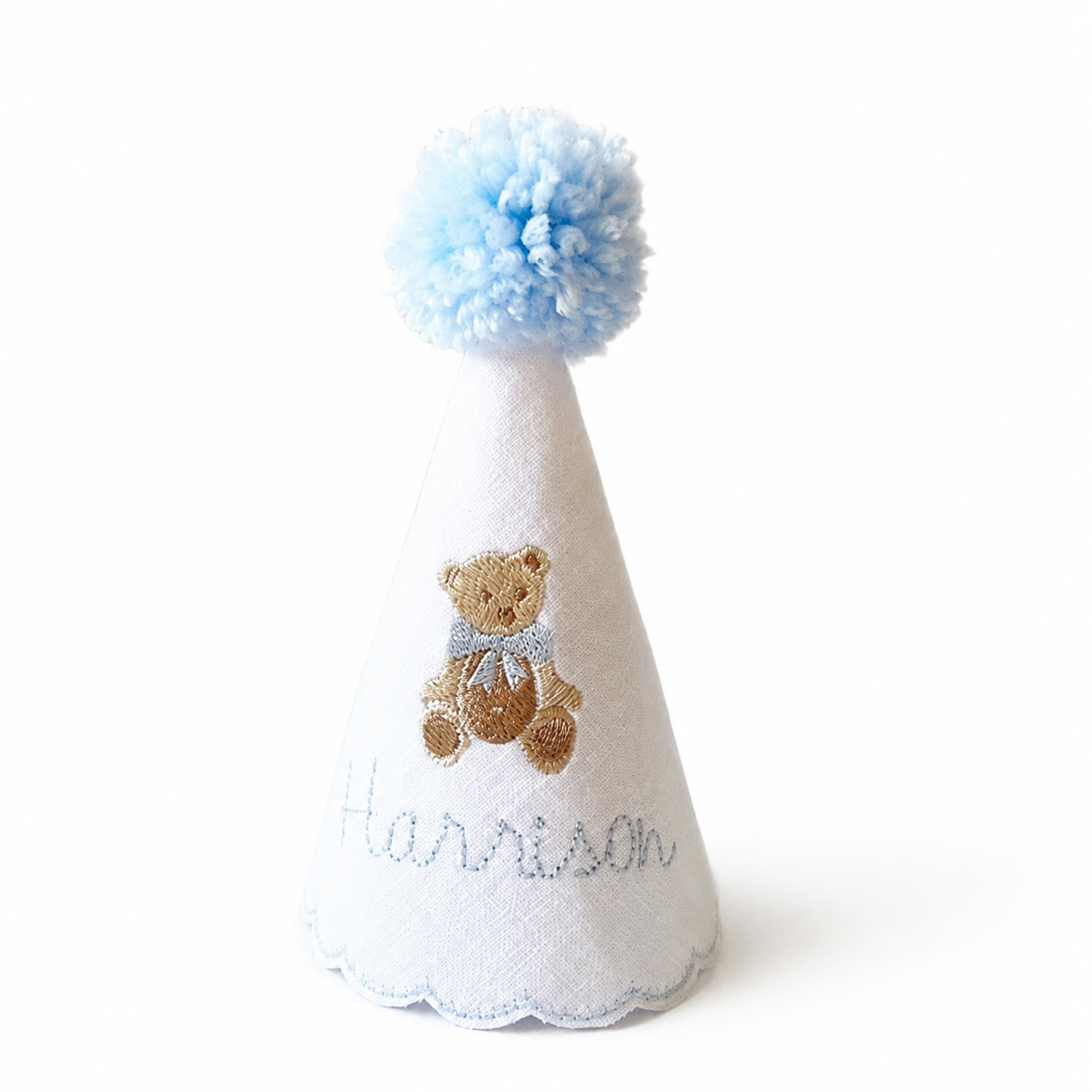 Blue Teddy Bear personalized linen first birthday party hat with teddy bear embroidery and light blue pom pom