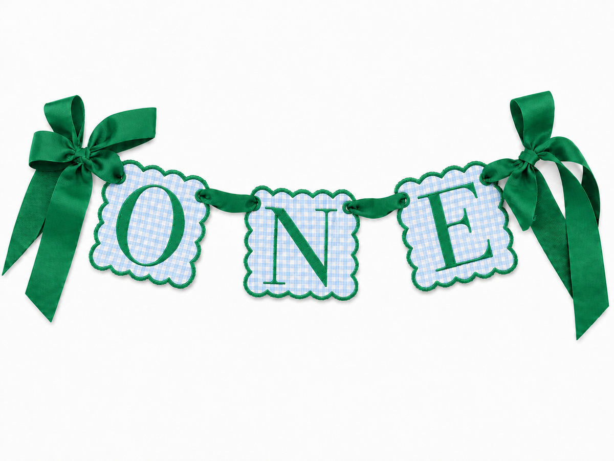 Blue gingham ONE high-chair banner with Kelly green embroidery and grosgrain ribbon