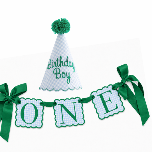 Blue gingham Birthday Boy hat and ONE high-chair banner set with Kelly green details