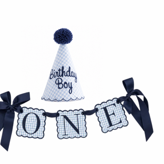 Blue gingham Birthday Boy hat and ONE high-chair banner set with navy blue details