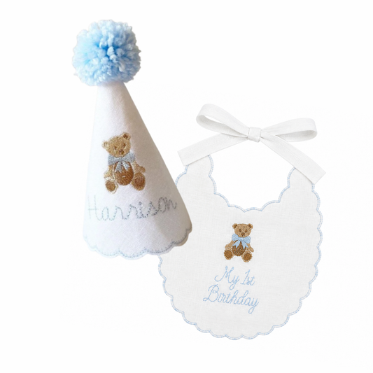 Blue Teddy Bear Name Hat & Bib Set | Personalized Linen First Birthday Set