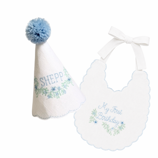Blue Southern Floral Name Hat & Bib Set | Personalized Linen First Birthday Set