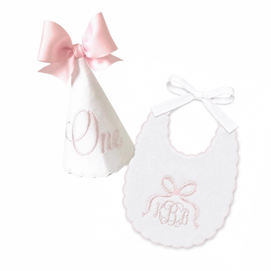 Blush & Bow Hat & Bib Set | Personalized Linen First Birthday Set