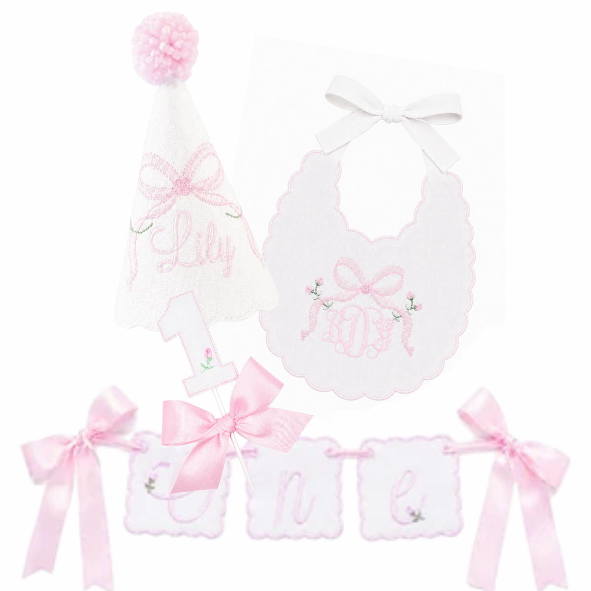 Bows and Blooms complete 4-piece first birthday set with personalized hat, bib, ONE banner and cake topper