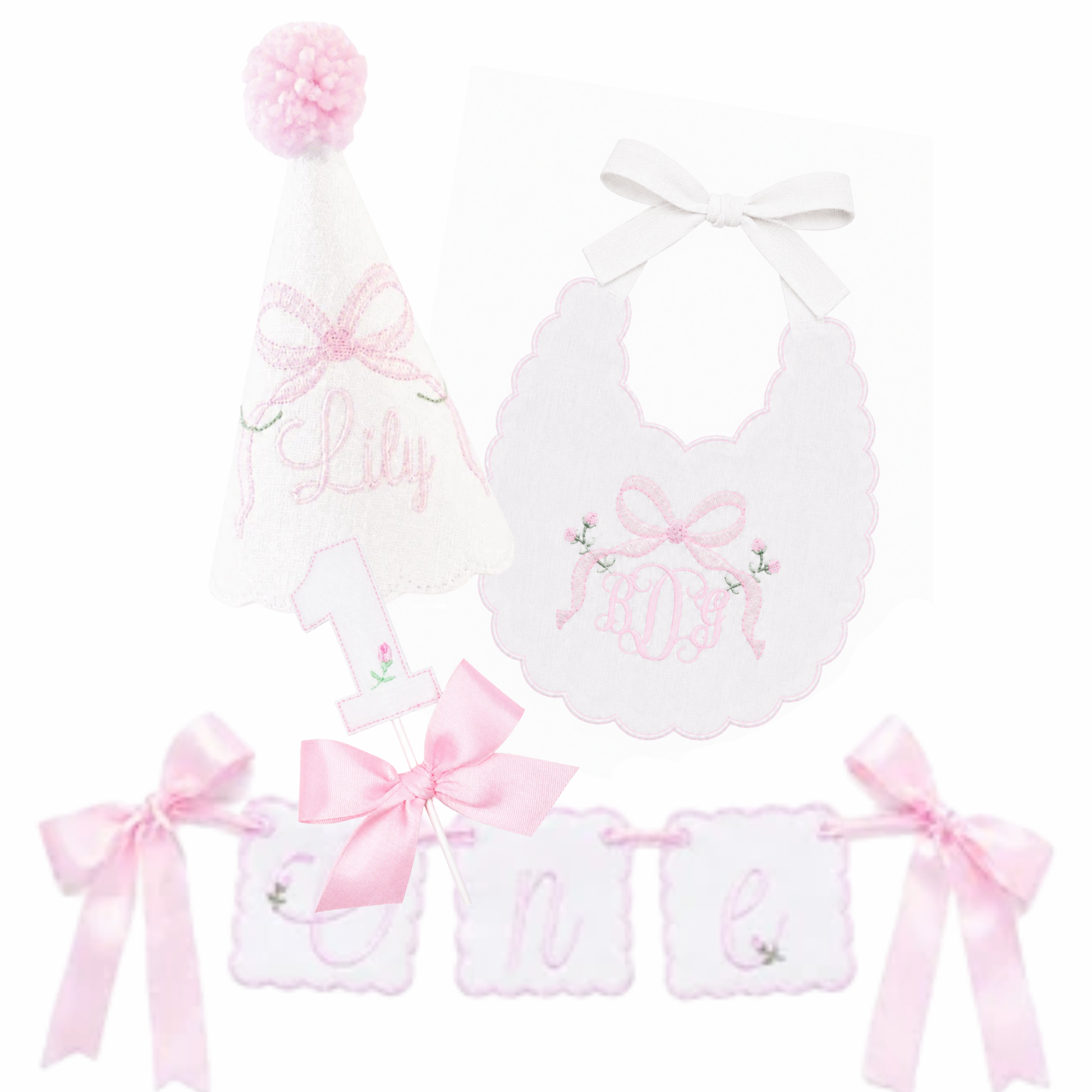 Bows and Blooms complete 4-piece first birthday set with personalized hat, bib, ONE banner and cake topper