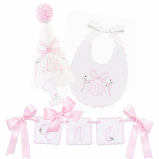 Bows and Blooms complete 4-piece first birthday set with personalized hat, bib, ONE banner and cake topper