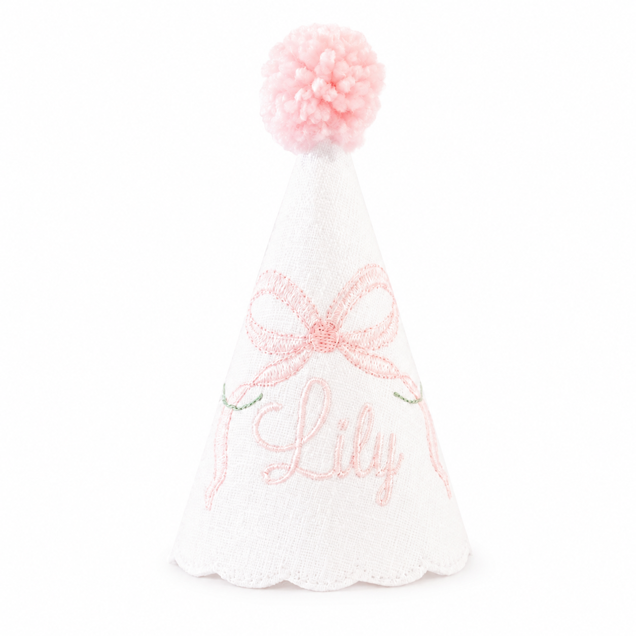 Heirloom Bows and Blooms personalized linen first birthday party hat with floral embroidery and pink pom pom