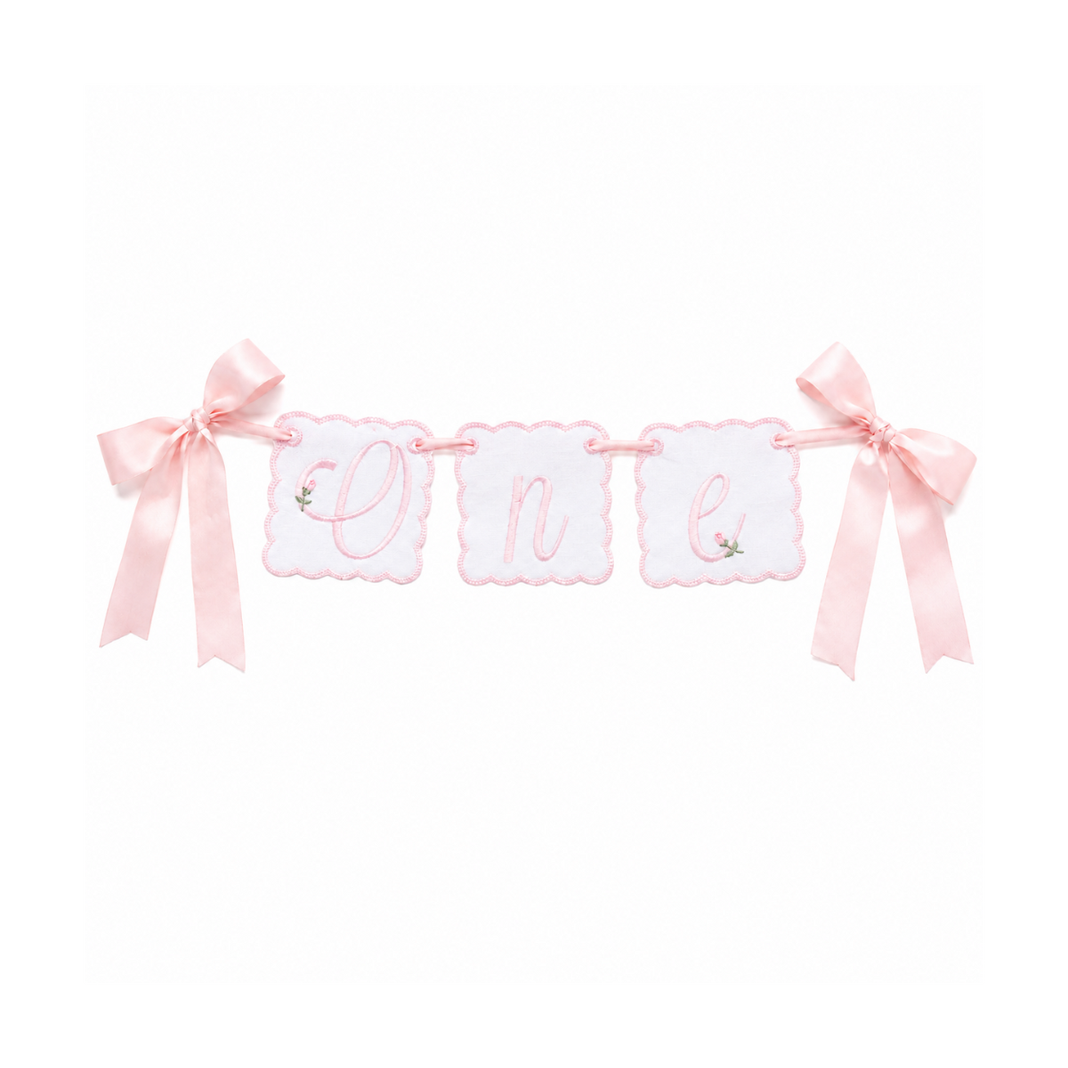 Bows and Blooms linen ONE first birthday high chair banner with floral and bow embroidery