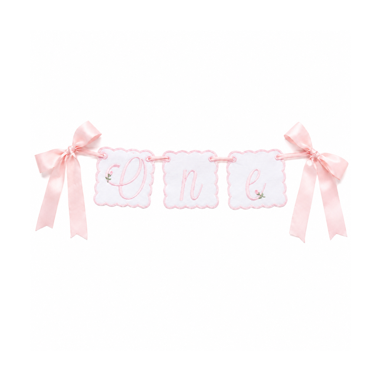 Bows and Blooms linen ONE first birthday high chair banner with floral and bow embroidery