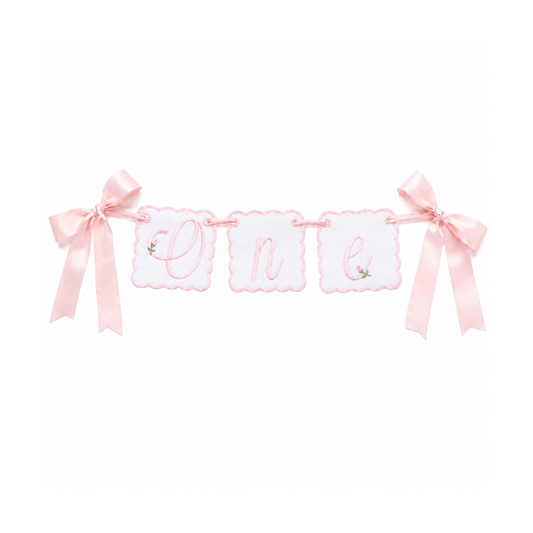 Bows and Blooms linen ONE first birthday high chair banner with floral and bow embroidery