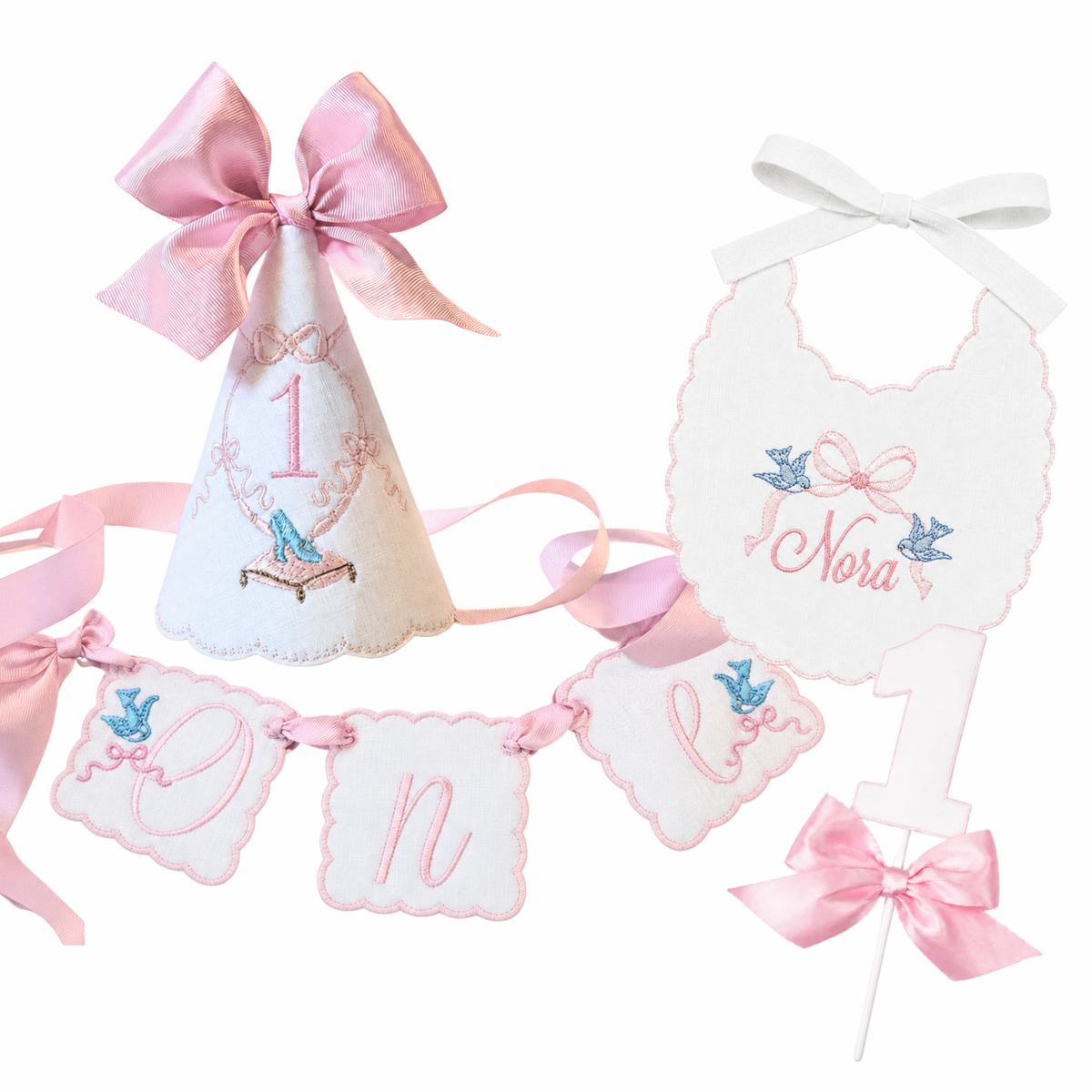 Cinderella complete 4-piece first birthday set with first birthday hat, personalized bib, ONE banner and cake topper