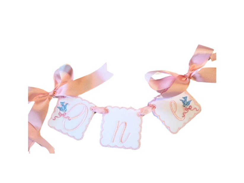 Cinderella ONE first birthday high chair banner with storybook bluebird embroidery