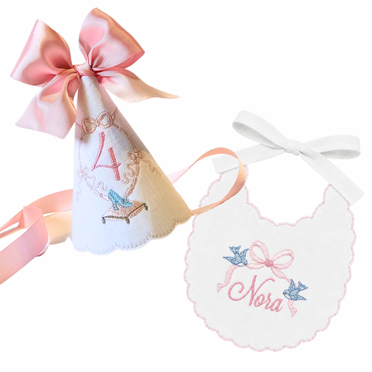Cinderella Name Hat & Bib Set | Personalized Linen First Birthday Set