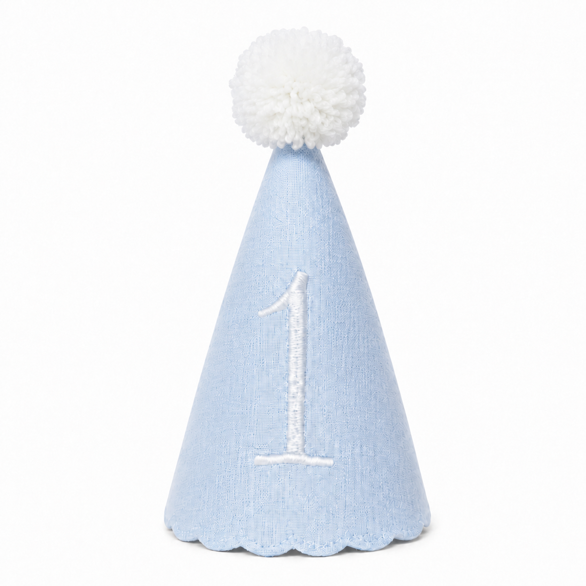 Classic Blue linen first birthday party hat with white embroidered number one and white pom pom