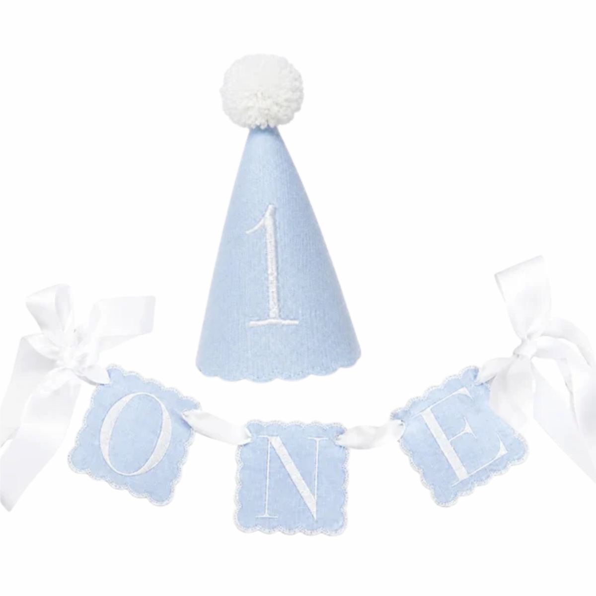 Classic Blue ONE linen first birthday party hat and coordinating high chair banner set