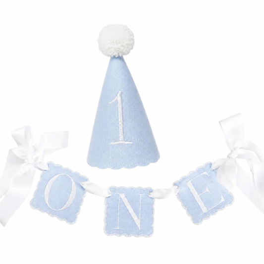 Classic Blue ONE linen first birthday party hat and coordinating high chair banner set