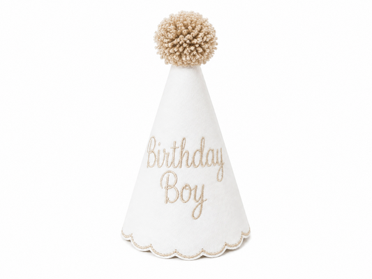 Classic Khaki Birthday Boy linen party hat with coordinating khaki embroidery and pom topper