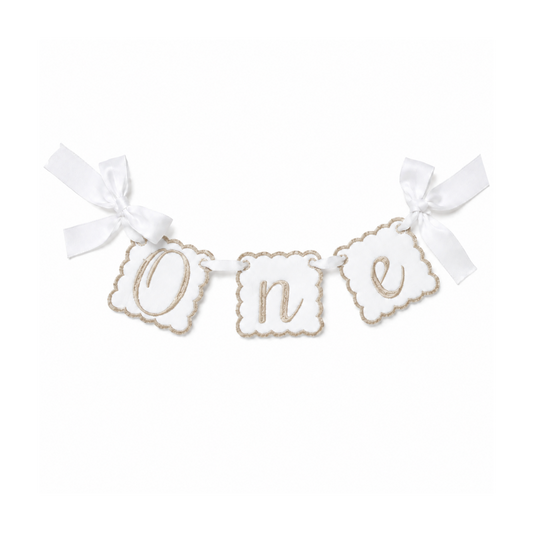 Classic Khaki linen ONE first birthday high chair banner with coordinating khaki details