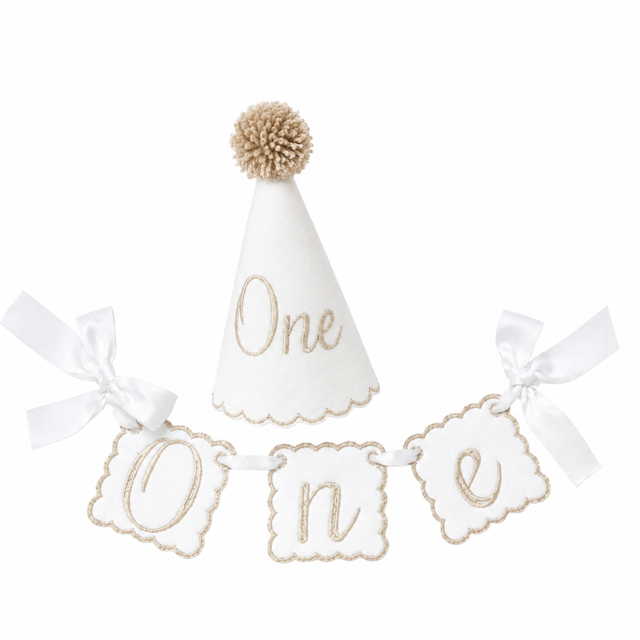 Classic Khaki ONE linen first birthday party hat and coordinating high chair banner set