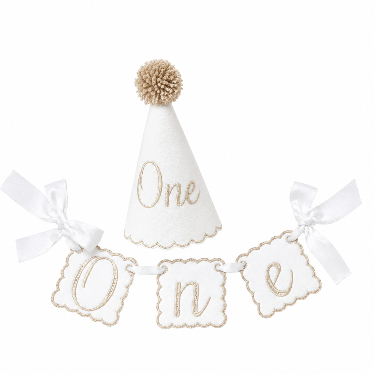 Classic Khaki ONE linen first birthday party hat and coordinating high chair banner set