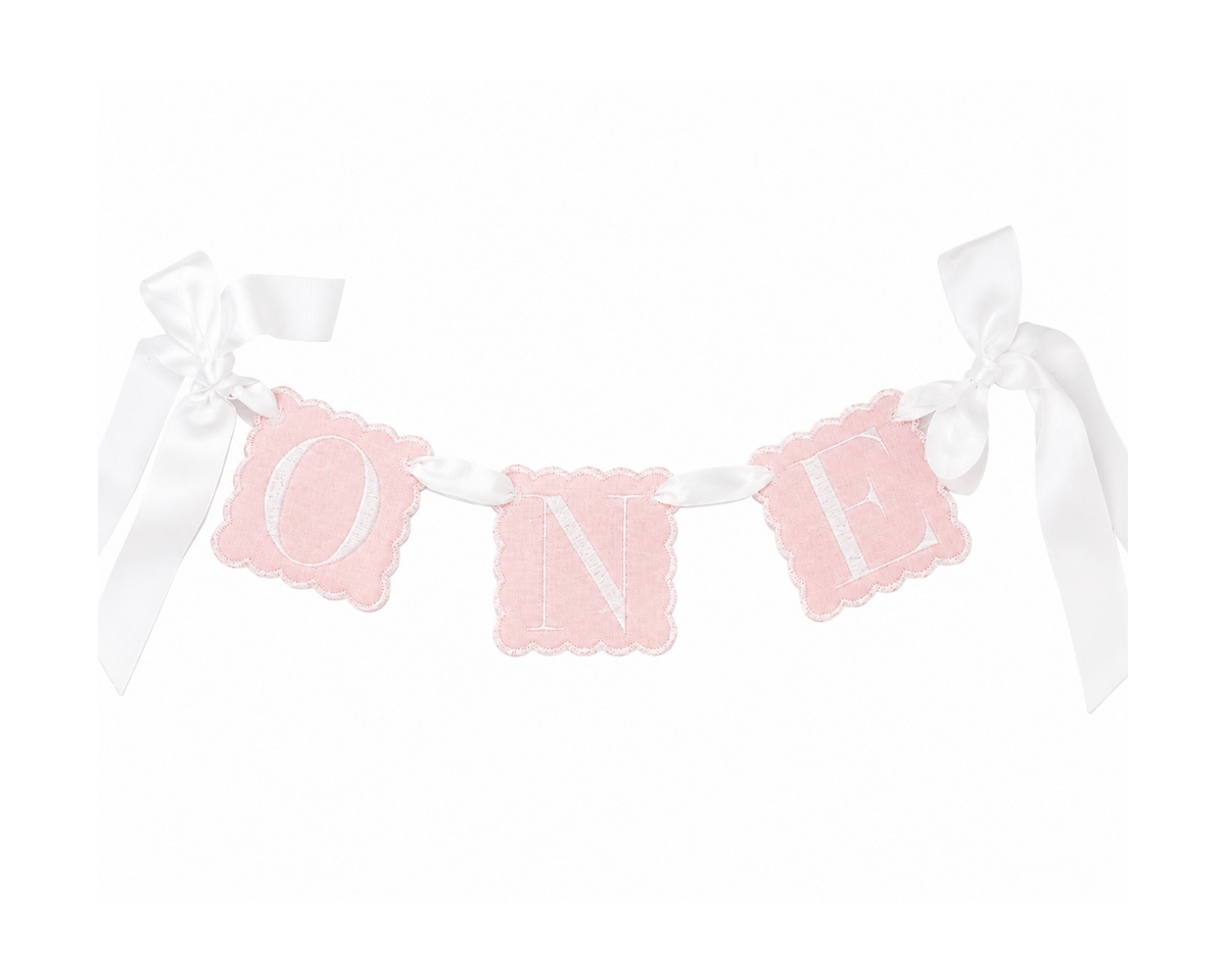 Classic Pink linen ONE first birthday high chair banner with soft pink details