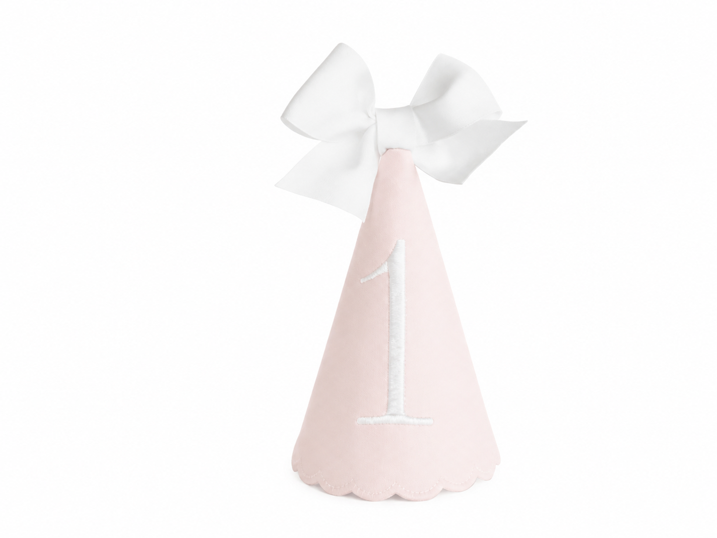 Classic Pink linen first birthday party hat with white embroidered ONE and bow topper