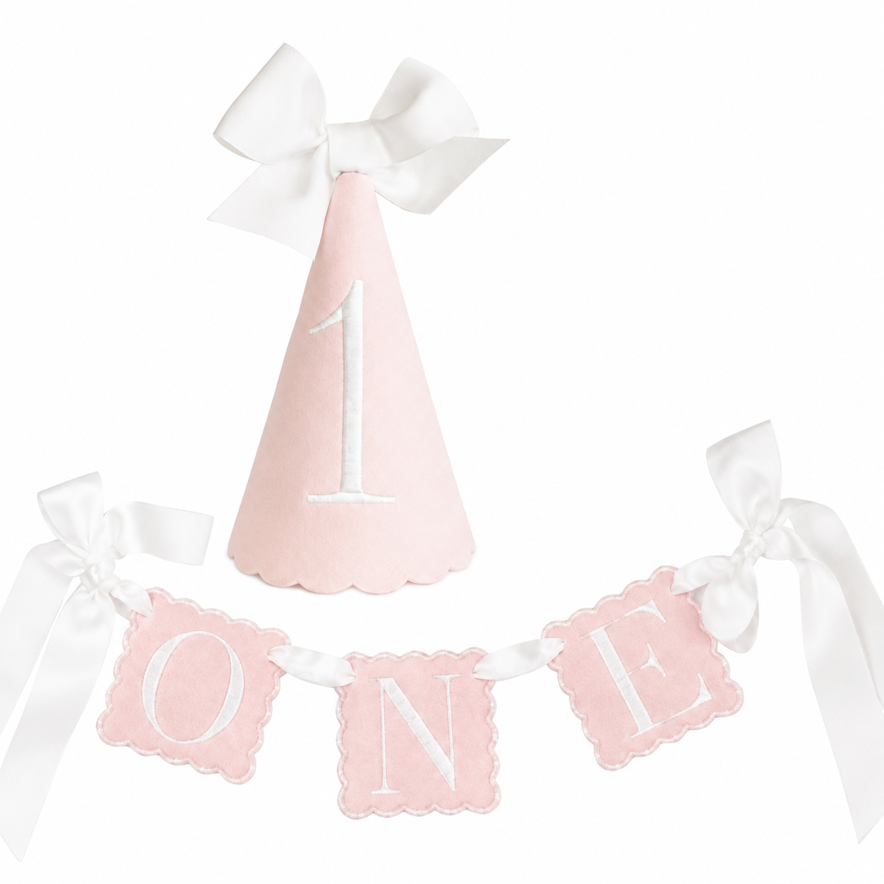 Classic Pink ONE linen first birthday party hat and coordinating high chair banner set