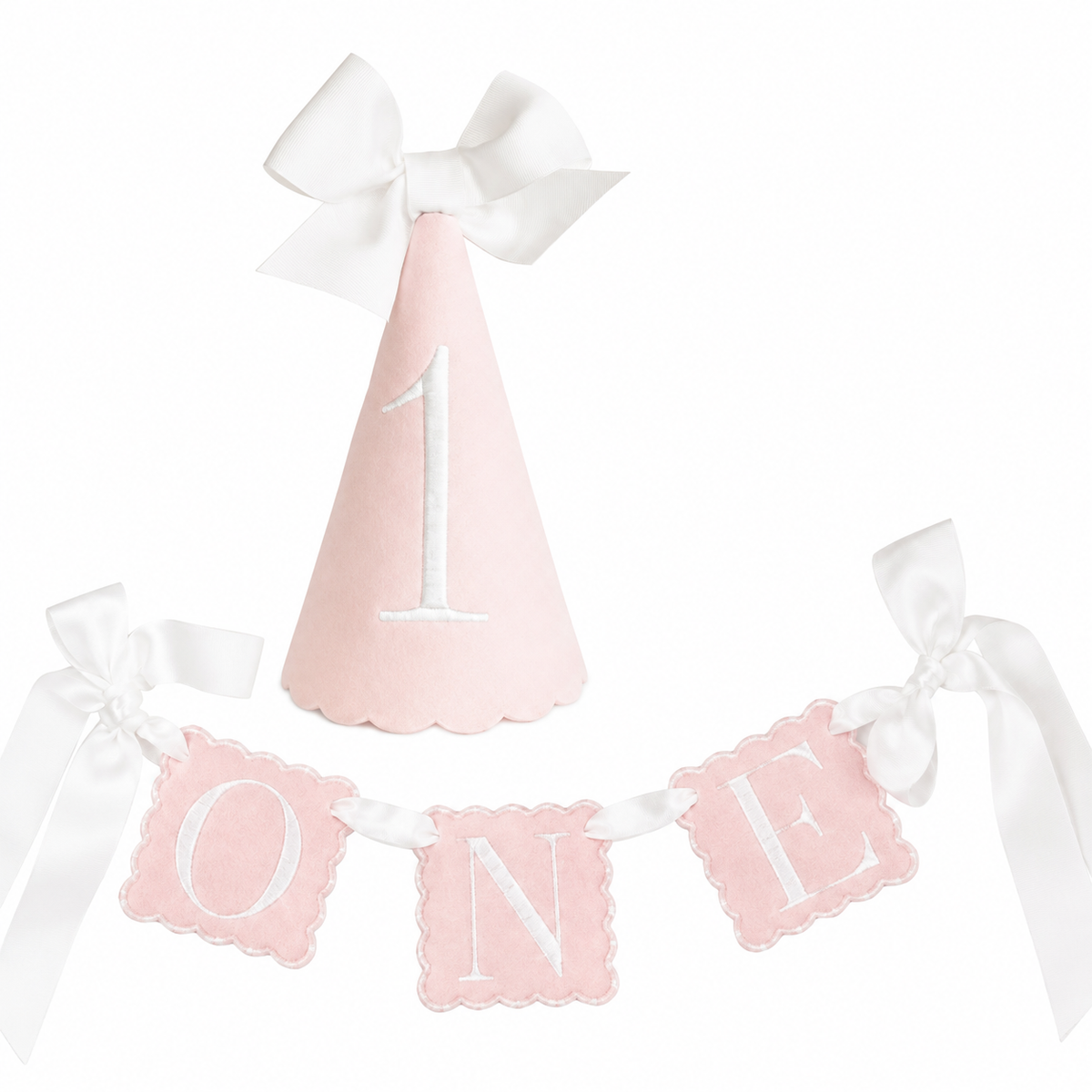 Classic Pink ONE linen first birthday party hat and coordinating high chair banner set